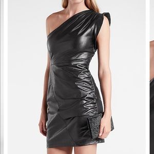 Black leather one shoulder dress